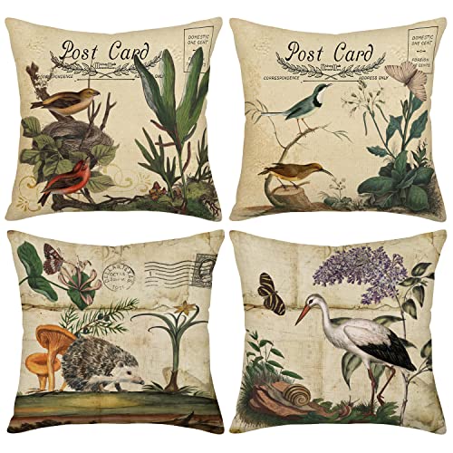 Gulidi Retro Rustic Vintage Animals Throw Pillow Covers Cotton Linen Cute Hedgehog Robin Birds Stork Butterfly Snail Classical Pairs Garden Flowers Decorative Post Card Cushion Cover Set Of 4 20"X20" #TOP20