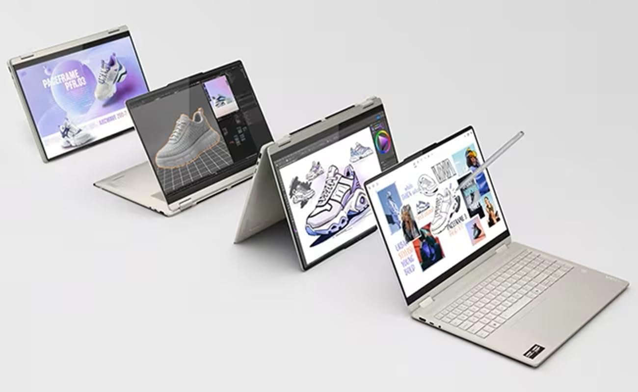 Four Lenovo Yoga 7 2-in-1 laptops displayed in different modes: laptop, stand, tent, and tablet.