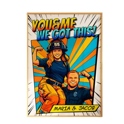 Hero Couple Comic Pop Art from Photo Personalized Poster – Custom Hero Couple Portrait from Photo – Pop Art Wall Art for Couples, Gift for Occupation Firefighter, Nurse, Police Officer