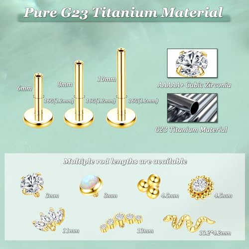 LOLIAS 16G G23 Titanium Tragus Conch Helix Piercing Jewelry 6mm 8mm 10mm - Internally Threaded Flat Back Stud Cartilage Earrings Hypoallergenic Forward Earlobe Labret Tragus Piercing Jewelry3