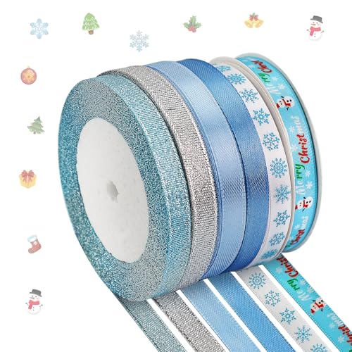 6 Rolls Blue Xmas Winter Holiday Craft Ribbon - Santa Snowman Snowflake Christmas Tree Truck Gift Wrapping Ribbon for Bow Wreath Crafts