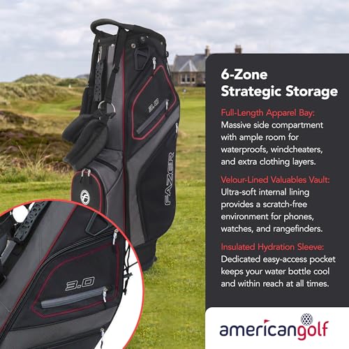 Fazer By American Golf 3.0 Stand Bag - Lightweight Golf Carry Bag with 6-Way Divider & Dedicated Putter Well, 6 Storage Pockets, Dual Shoulder Straps, Durable Dobby Nylon Construction - Black/Red - Image 3