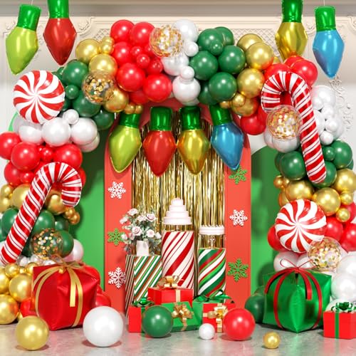 Image of 164Pcs Christmas Balloon Arch Garland Kit Xmas Red White Green Gold Latex Balloons Light Bulb Candy Cane Gift Box Foil Balloons Arch Kit for Christmas New Year Party Birthday Party Decorations