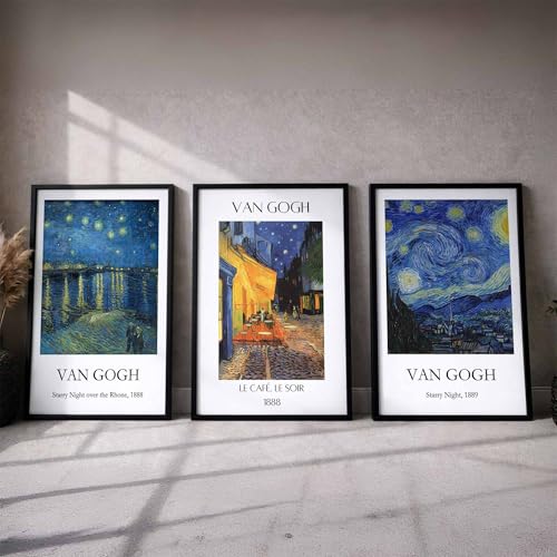 Image of Waltractive Vincent Van Gogh Starry Night, Cafe Terrace at Night & Starry Night over the Rhone Paintings Poster Wall Art Framed - Available in 9x13 and 13x19 Inches - Perfect Wall Decor for Bedroom and Dorm for Decoration for Art Lovers (Van Gogh Nightscape Trio, 9x13 Inch)