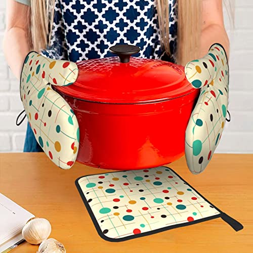 Mid Century Modern Atomic Retro Oven Mitts And Pot Holders Sets Heat Resistant For Kitchen Bbq Microwave Baking Grilling Cooks Gifts Set Of 3 Kitchen Oven Glove #TOP6