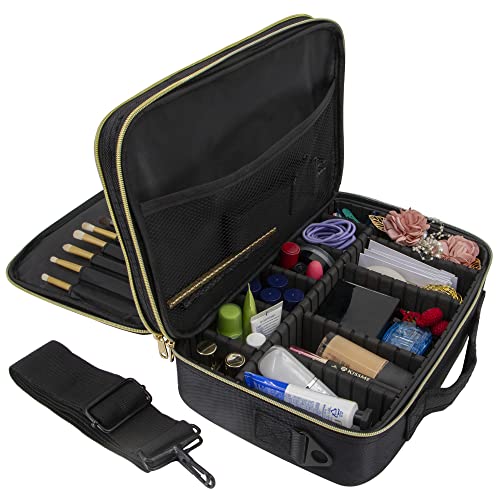Time to Sparkle 35 * 24 * 12cm Travel Makeup Bag Cosmetic Bag Makeup Organizer Bag Travel Train Case Portable Cosmetic Artist Storage Bag with Adjustable Baffle for Makeup Brush Jewelry Black - Image 2