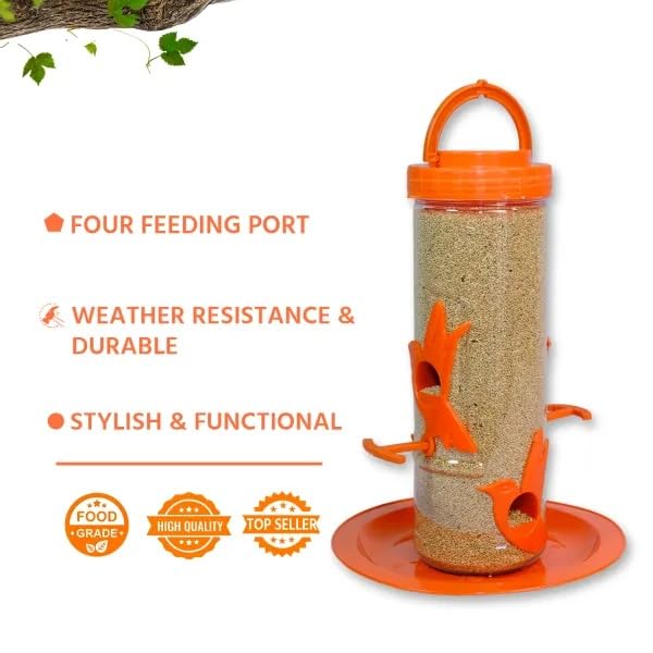 Image of Amijivdaya Medium Hanging Bird Feeder for Garden Balcony | 4 Feeding Ports | 700g Seed Capacity | Food-Grade Plastic | Easy Refill & Weatherproof (Orange, Pack of 2)