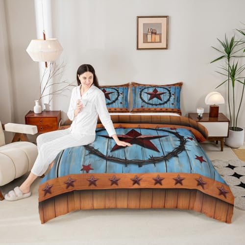 Image of Red Western Texas Star Bedding Set Rural Country Farmhouse Comforter Set for Kids Boys Girls Rustic Wooden Board Comforter Vintage Brown Blue Duvet Set Room Decor Quilt Set Twin Size