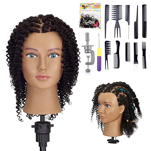 Tête de Mannequin Afro 100% Cheveux Humains Neverland Tête À Coiffer Bouclés Tête d'entraînement Mannequin de Cosmétologie Tête de Poupée pour Coiffeur avec Support Cover