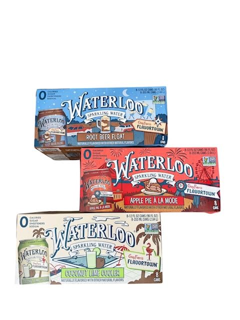 Waterloo limited edition sparkling water, 24 pack, 12 fl oz cans : 8 coconut lime cooler, 8 apple pie a la mode, 8 rootbeer float
