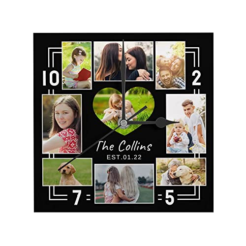 Personalised Photo Wall Clock with Picture Text, Customized Square Clock Print for Couples, Newlyweds, Friends, Family - Birthday, Wedding, Valentine's Day