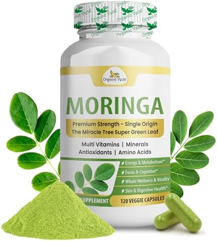 Organic Veda Moringa Capsule – True Green Single Origin Moringa Leaf Powder Organic Superfood – Premium Strength Miracle Tree Nutrients Vitamins Antioxidants Dense Tender Leaves – 120 Vegan Capsules