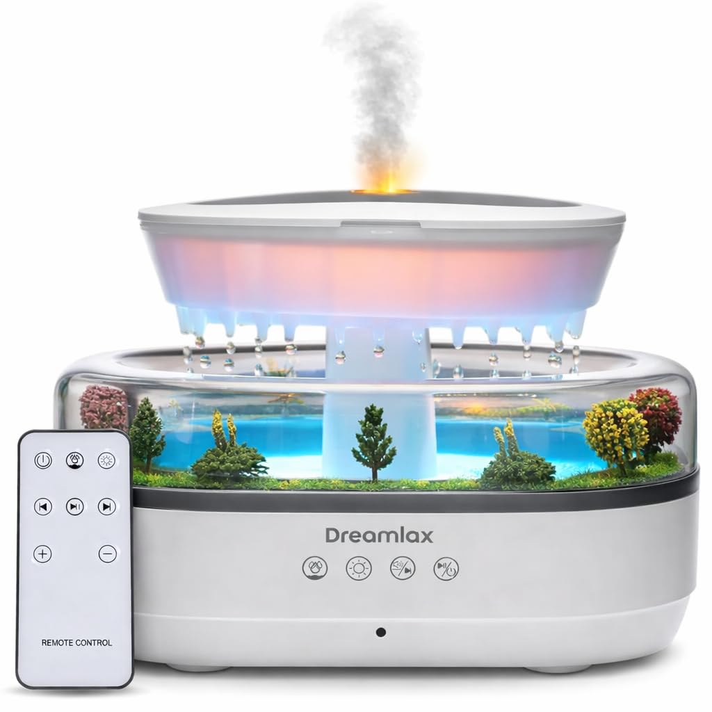 Dreamlax Humidificadores de lluvia para dormitorio, difusor de aceite esencial de niebla fría, máquina de ruido blanco con 10 sonidos naturales, 7 luces LED, control remoto y lámpara decorativa de