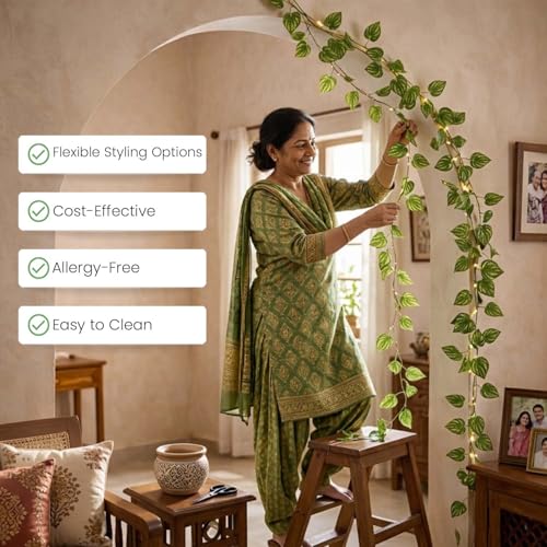 Image of Go Hooked Artificial Creeper for Home Decor (Pack of 24, 7 Ft) | Green Watermelon Peperomia Leaf Garland with 3x3 cm, 72 Leaves Each | Plastic Decorative Creeper for Balcony, Walls & Garden Decorating