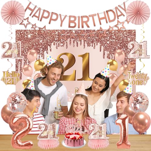 Turypaty 21st Birthday Decorations for Girls, Pink Rose Gold Happy 21 years old Birthday Banner Backdrop Balloons Sash Table Cake Topper Honeycomb Centerpieces Hanging Swirls Paper Fans Party Supplies by Turypaty - Used condition - Image 4