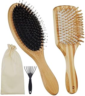3Pcs Natural Boar Bristle Hair Brush Gift Set ,Anti-Hair Loss ,Natual Wooden Bamboo HairBrush for Women + Paddle Hair Brushes for Women Blow drying,Eco Hairbrush Set