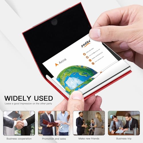 image for Padike Business Card Holder, Red Faux Leather Wallet with Stainless St