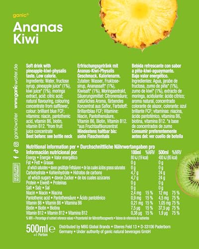ganic Vitaminwasser Ananas Kiwi – 12 x 0,5 L PET-Flaschen – Vitamin Booster mit exotischem Geschmack – 100 % natürlich, vegan, isotonisch & kalorienarm – ohne Konservierungsstoffe & Allergene