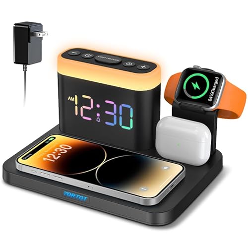 YORTOT 3 in 1 iPhone Charging Station, Wireless Charging Station, Colorful Alarm Clock & 7 Night Lights 0-100% Dimmer, Charging Dock for iPhone, Samsung Phone, AirPods(Watch Cable is Not Included)