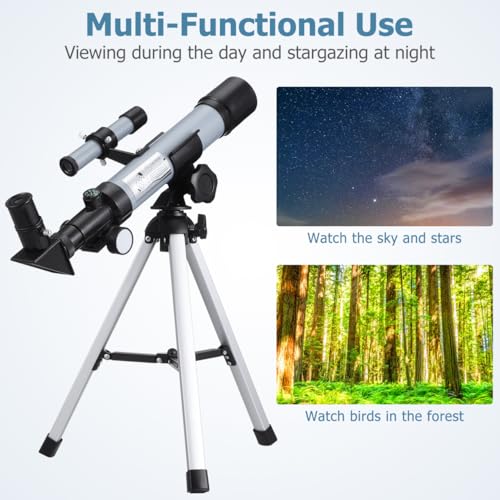Image of ULTECHNOVO Telescope for Kids Beginners Adults, Aperture Refractor Telescopes for Astronomy Beginners, Portable Travel Telescope with Tripod, Astronomy Gifts for Kids Silver
