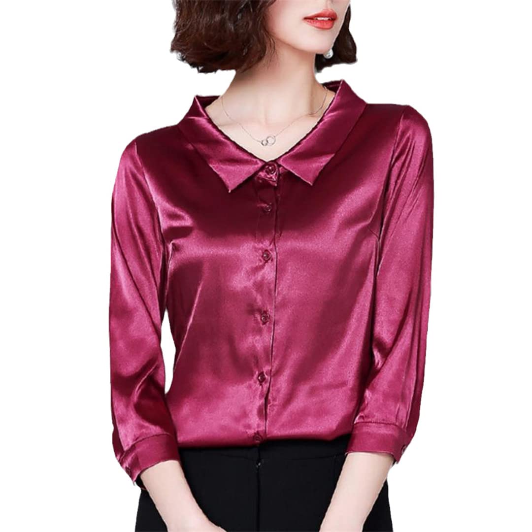 Camisa con Botones para Mujer, Manga Corta, Cuello en V, Blusa de Negocios para el Camisas de Seda Satinada 02 XL
