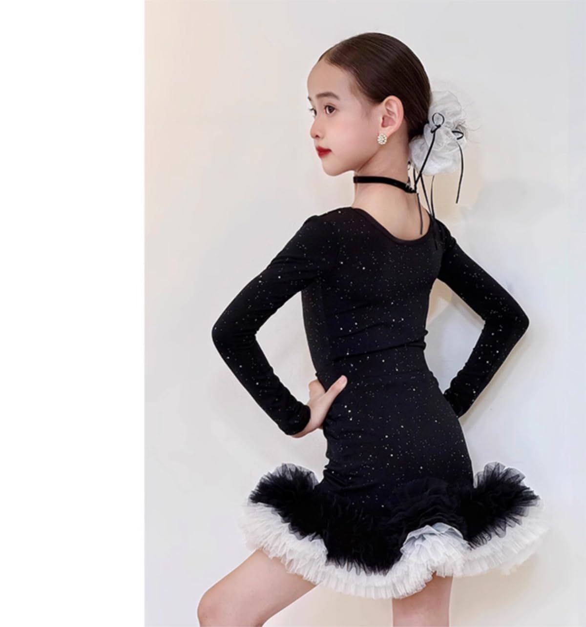 Abito da Ballo Latino A Maniche Lunghe per Bambine Gonna da Competizione per Tango E Balli da Sala per Feste Costume da Ballo Salsa Cha-Cha Abito da Allenamento per Spettacoli(150Cm)