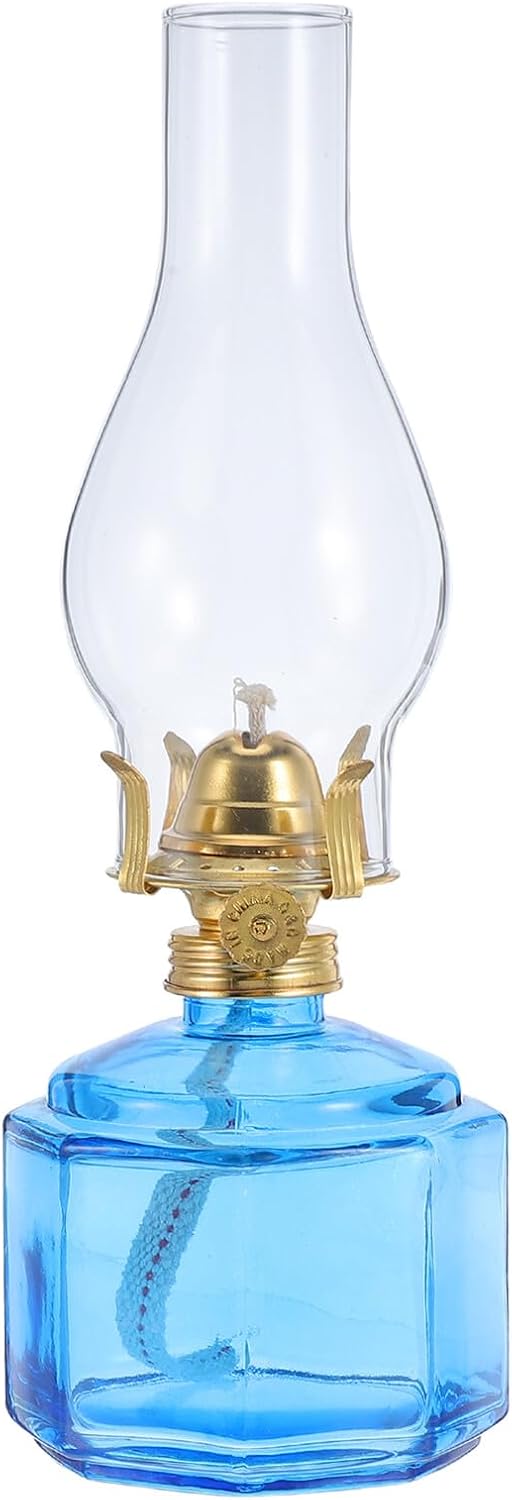 Vintage Blue Glass Kerosene Oil Lamp, Polygonal Hurricane Lantern with Windproof Design for Indoor and Outdoor Rustic Home Décor and Emergency Lighting