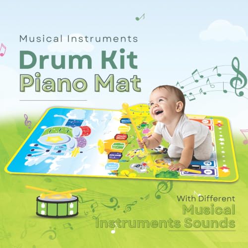 Image of 3-in-1 Piano Mat for Kids, Musical Piano Mat - Drum, Piano & Instrument Sounds with 2 Sticks, Animal Prints, Educational Toy for Toddlers 12M+ Ideal for 1-3 Years - Green