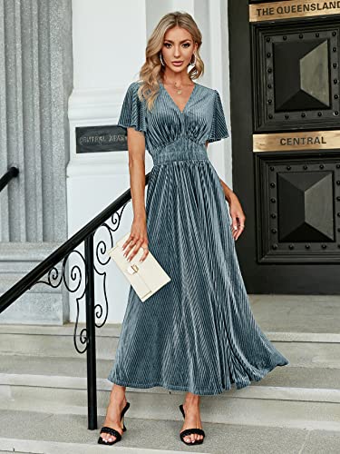 Image of Simplee Women's V Neck Velvet Maxi Dress Short Sleeve Empire Waist Long Formal Dress for Wedding Guest