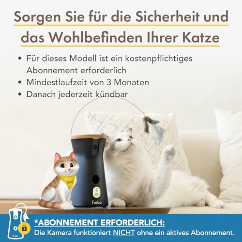 Furbo 360° Katzenkamera mit Heimsicherheits-Paket [Premium MIT ABO]: Intelligente Kamera mit App für Katze & Heim, Rotierende 360° Sicht, Farbnachtsicht, Tracking, Leckerliwurf, Miauen-Alarm UVM.