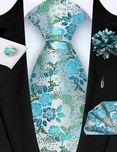 Image of GUSLESON 3.15 inch(8cm) Mens Floral Tie and Lapel Pin Necktie Hankerchief Cufflinks Set for Men