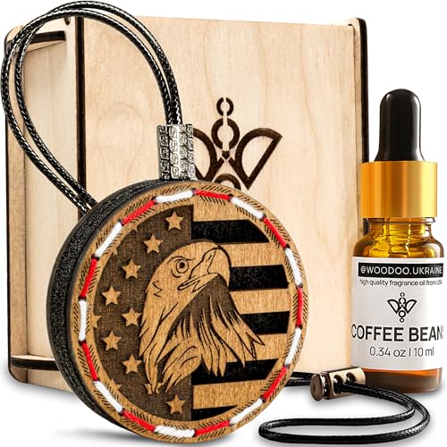 @Woodoo.Ukraine Handmade Wood Car Air Freshener — American Flag Designed Refillable Essential Oil Diffuser — Long Lasting Coffee Beans Fragrance Oil 10 ml — Car Accessories Gift Box