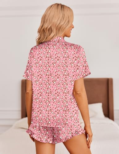 Image of Ekouaer Womens Satin Pajamas Set Button Down 2 Piece Silk Pjs Shorts Set Ruffle Lingerie Notch Collar Sleepwear
