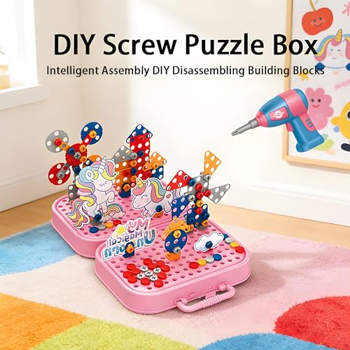 Image of Cable World Space Theme Creative Drill Set - 2-in-1 3D Building Blocks & 2D Puzzle - STEM Educational Construction Toy with Screwdriver & Portable Case for Kids 3+ Ideal for Gifting Unicorn Design