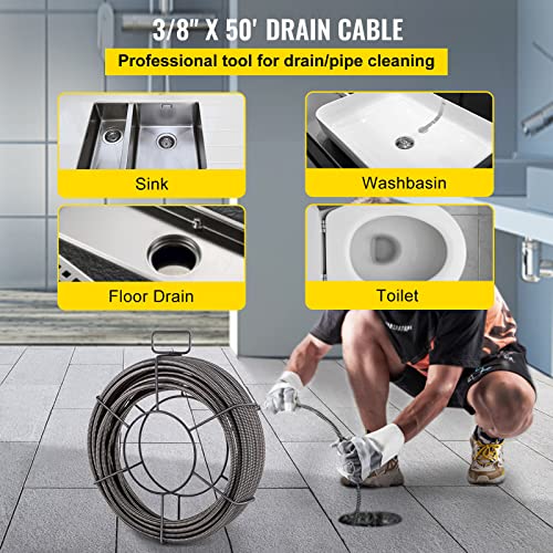 Mophorn Drain Cleaning Cable 50 Feet x 3/8 Inch Solid Core Cable Sewer Cable Drain Auger Cable Cleaner Snake Clog Pipe Drain Cleaning Cable Drain Auger Snake Pipe