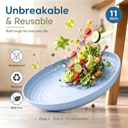 Image of 6PCS 11In Reusable Wheat Straw Deep Plates for Dinner, LightBlue | Unbreakable Plastic Plate with lip edge, Microwave & Dishwasher Safe for Home, Party, Travel