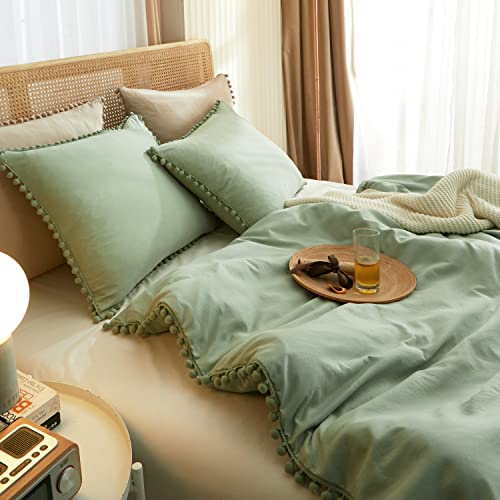 Lifetown Sage Green Duvet Cover Queen Size, Pom Pom Duvet Cover Boho Bohemian Farmhouse Microfiber Duvet Cover Set 3 Pieces, 1 Queen Duvet Cover, 2 Pillowcases, Beathable And Lightweight #TOP3