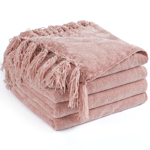 LONG CREATE Chenille Throw Blanket for Couch 50X 60 Soft Cozy Throws with Fringe Tassel for Bed Sofa Chair Cover Lightweight Knitted Decorative Boho Blankets for Living Room Dusty Pink