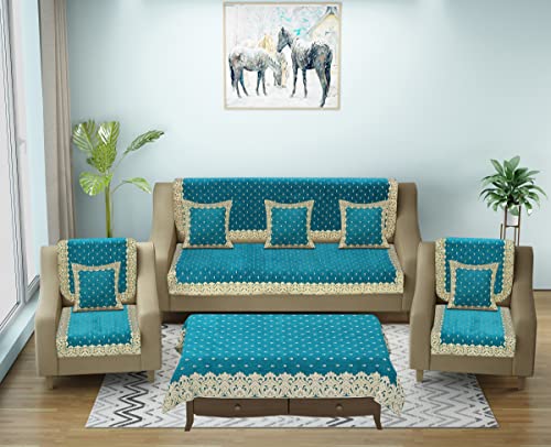 Image of Premium 5 Seater Printed Sofa Cover Set with Cushion + Table Covers, 3,1,1 Seater 10 Pieces Sofa Back Slip Panels, Single Seater,Sky Blue (Pack of 12)
