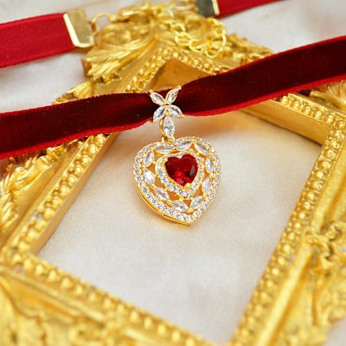 MOMOCAT 14K Gold Plated Imitation Ruby Love Zircon Necklace Red Heart Crystal Pendant Velvet Choker Necklace for Women 90s Goth Chocker Cute Vampire Accessories Womens Jewelry3