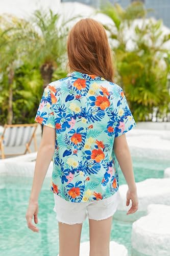 Image of SANGTREE Girls & Women's Hawaiian Shirts Button Down Short Sleeve Floral Tropical Shirt Beach Vacation Blouse Tops