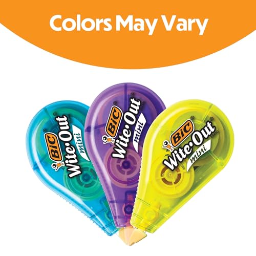 BIC Wite-Out Mini Correction Tape, White, 12-Count Pack, No Dry Time | No Dry Time for Instant Use, Long Lasting Design, 12 Correction Tapes, 19.6 Feet Coverage, Colors May Vary