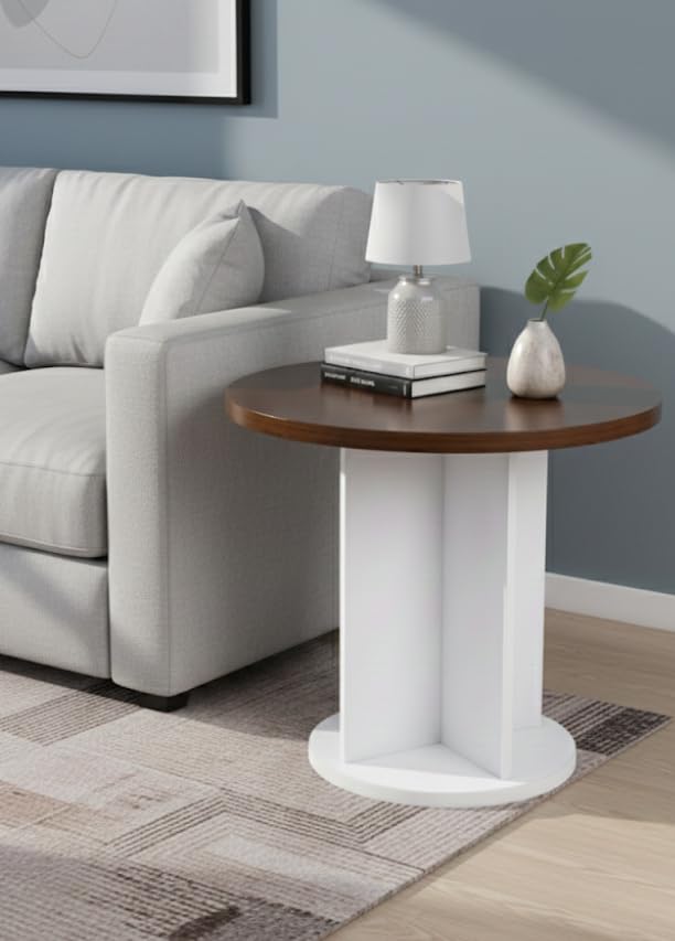Modern Round Side Table with White Pedestal Base, Brown and White, HDF Construction, Weight Capacity 100 kg