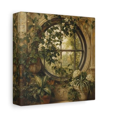 Toile de décoration Nature Flowering Window tableau vintage vert et or pour petit mur