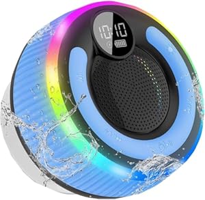 AOSRAU Bluetooth Shower Speaker, 2025 Portable Bluetooth Speaker 5.3 with Time Display, IPX7 Waterproof with Suction Cup, RGB Lights, Stereo Bass, Wireless for Bathroom/Party/Travel/Outdoor, Blue