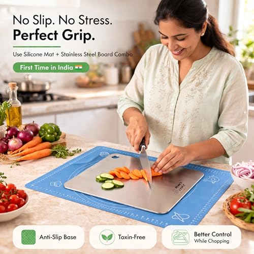 Image of Premium Stainless Steel Chopping Board | Large Rectangle Cutting Board 31cm x 22.5cm with Anit-Slip Gripping Mat | for Cutting Vegetables, Fruits, Meat | Reversible (M, Rectangular)