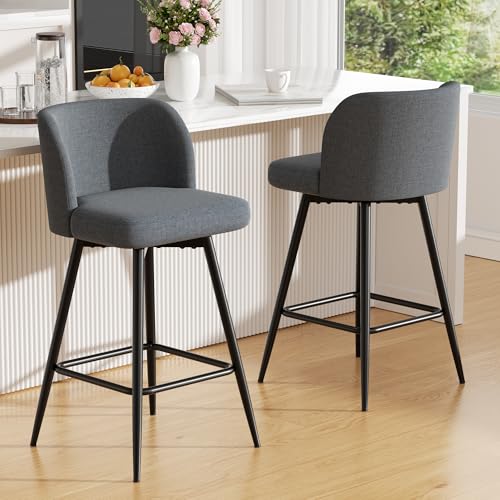 Image of Swivel Bar Stools Set of 5, 26 inch Counter Height Bar Stools with High Back and Metal Legs, Fabric Bar Chairs, Modern Barstools for Kitchen Island, Light Grey