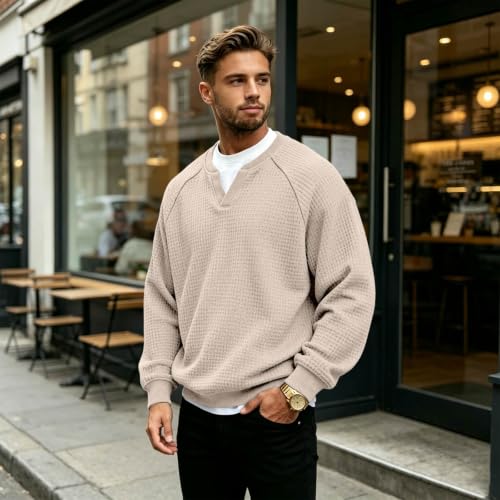 Long Sleeve Waffle Shirt Men Thermal Cozy V Neck Sweater Fall Outfits L - image 3