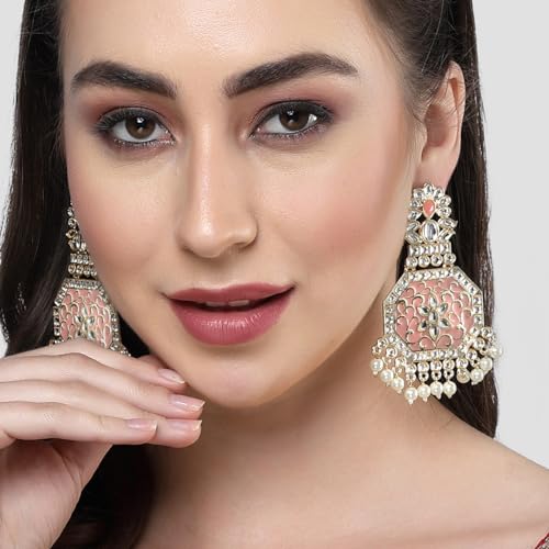 Image of Karatcart Red Stone Studded Gold Plated Drop Earrings for Women