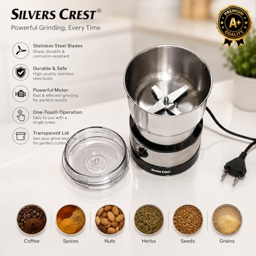 Image of 300W Electric Spice Grinder Machine, Herbs, Nuts & Dry Masala, Stainless Steel Portable Mini Grinder with Sharp Blades, One Touch Operation, Multipurpose Kitchen Grinder for Spices Home Use